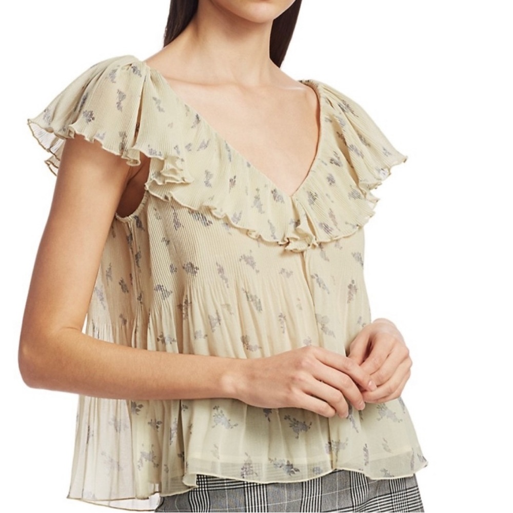 Ganni Cream Floral Ruffle V-Neck Blouse